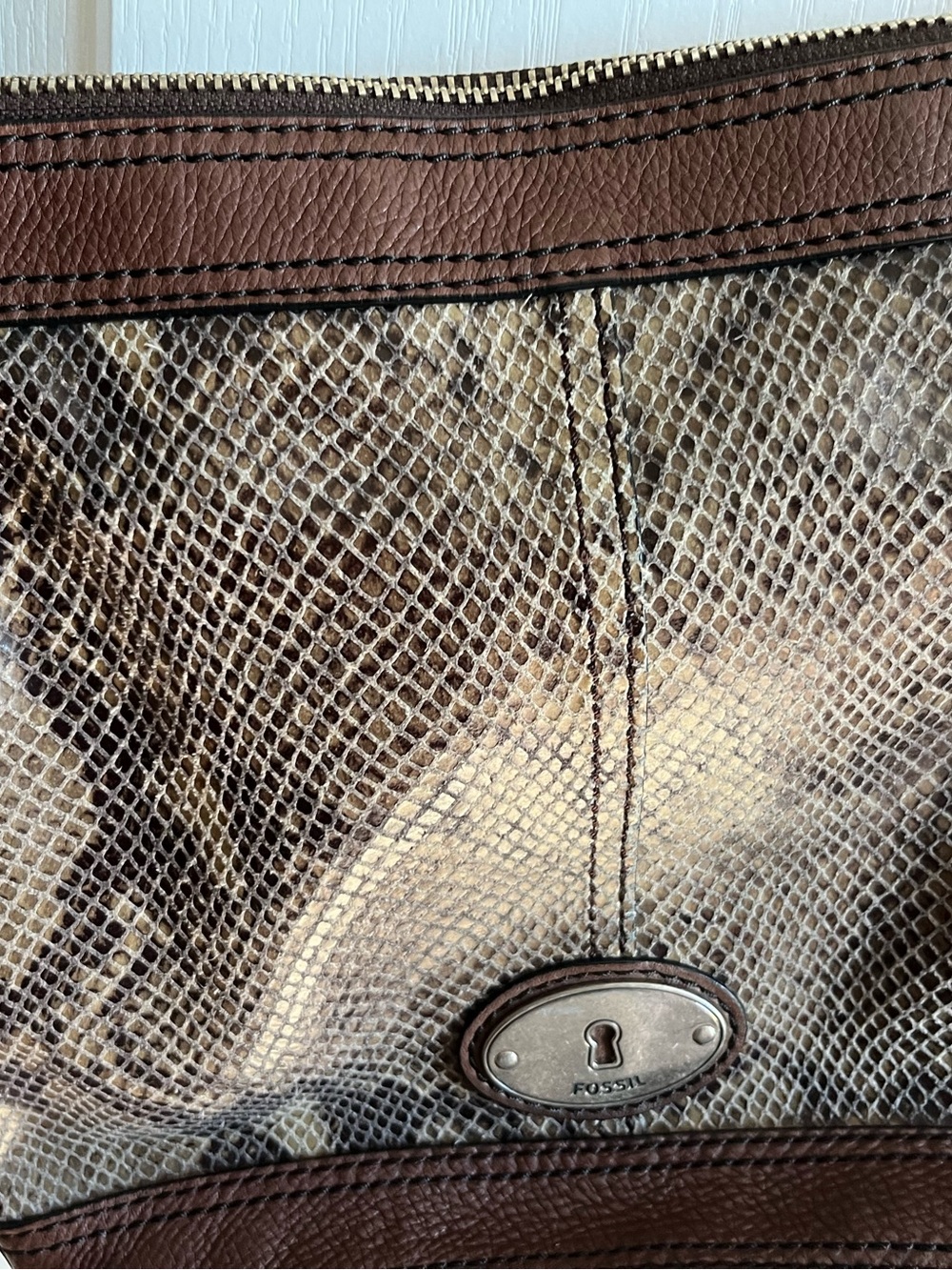 Fossil Snakeprint Messenger Bag with Brown Leather Trim